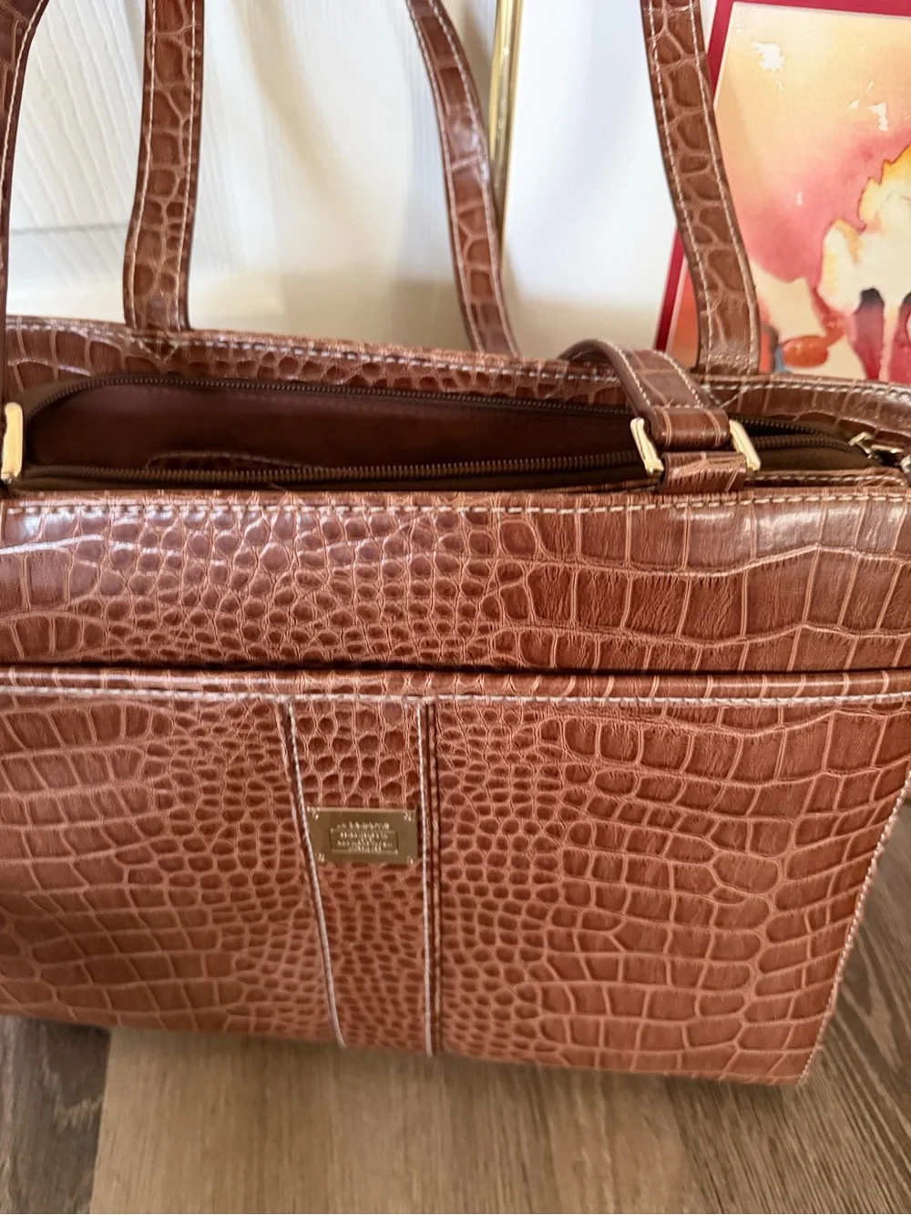 Vintage Liz Claiborne Brown Croc-Embossed Tote Bag